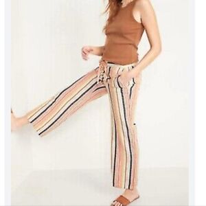 Old Navy Pull On Pants Linen Blend Drawstring Stripes Wide leg High Rise